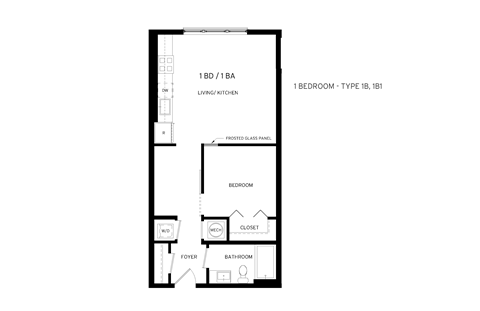 Floor plan for 1 bed, 1 bath, 616 sqft
